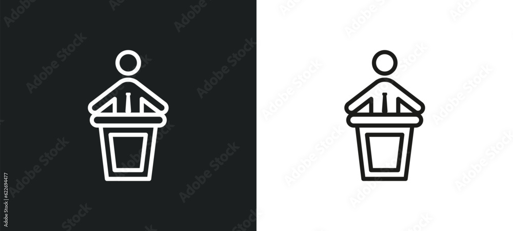 Poster man giving a speech outline icon in white and black colors. man giving a speech flat vector icon fro