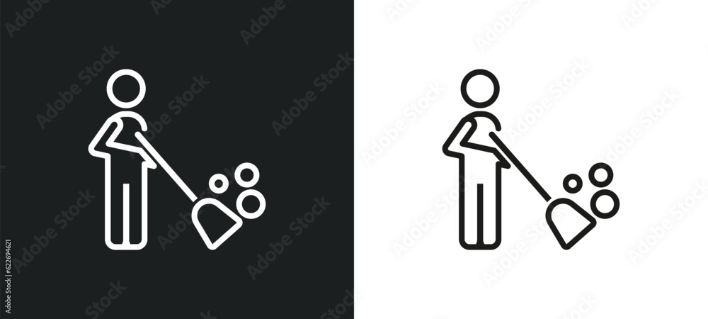 Poster sweeper working outline icon in white and black colors. sweeper working flat vector icon from people