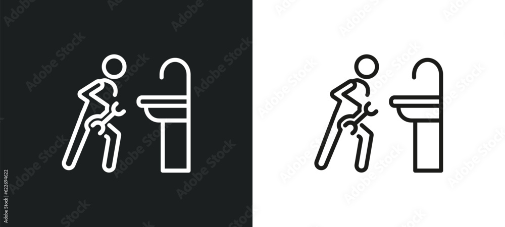 Poster plumber working outline icon in white and black colors. plumber working flat vector icon from people
