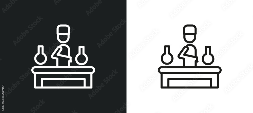 Poster chemist working outline icon in white and black colors. chemist working flat vector icon from people