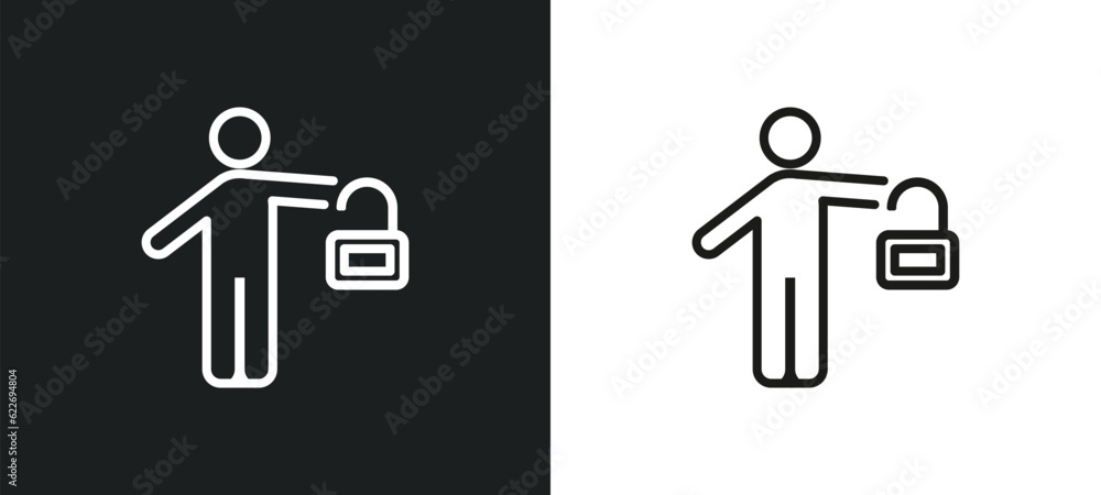 Poster man with open lock outline icon in white and black colors. man with open lock flat vector icon from 
