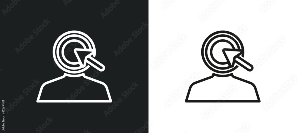 Poster man with target outline icon in white and black colors. man with target flat vector icon from people