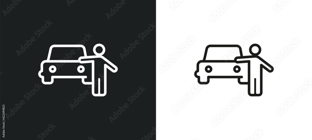 Poster man with car and suitcase outline icon in white and black colors. man with car and suitcase flat vec