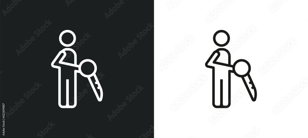 Poster man with big key outline icon in white and black colors. man with big key flat vector icon from peop