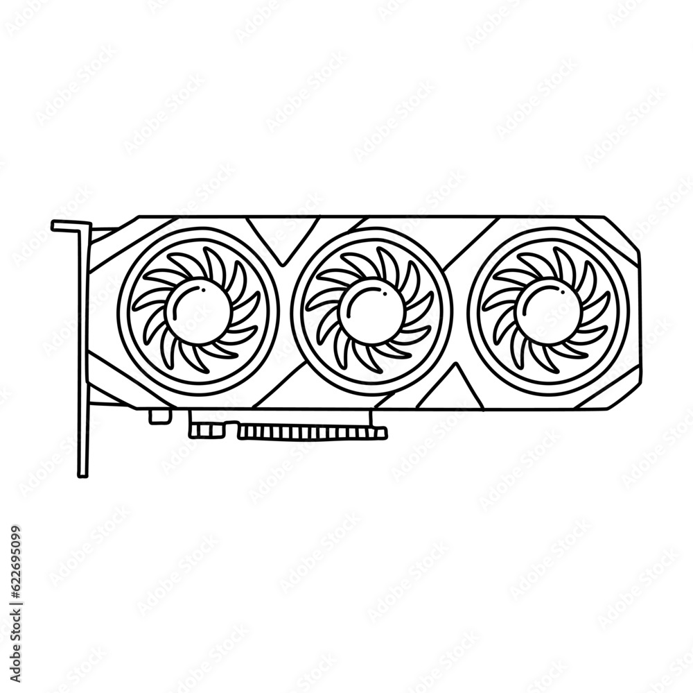 Poster gpu doodle illustration. simple line illustration of graphics card gpu. personal computer component 