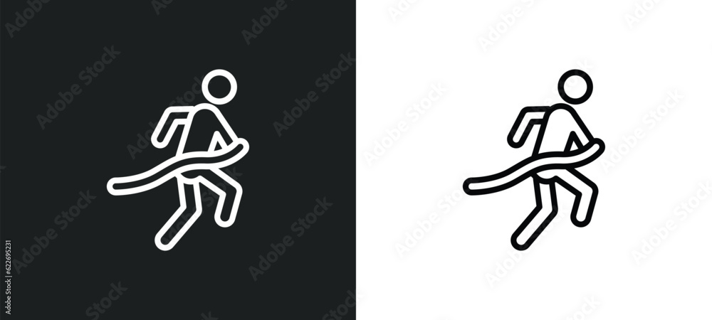 Poster running at finish line outline icon in white and black colors. running at finish line flat vector ic