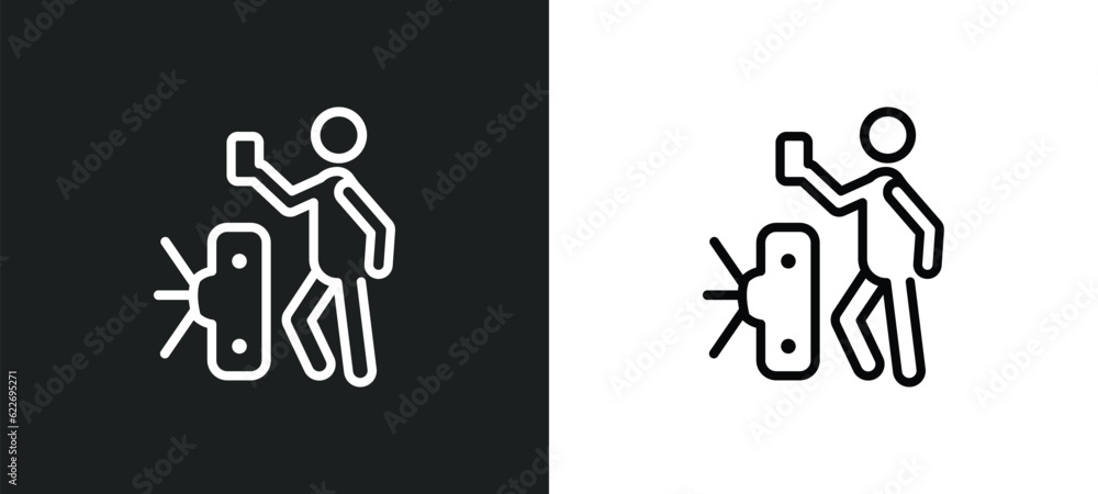 Poster validating ticket outline icon in white and black colors. validating ticket flat vector icon from pe