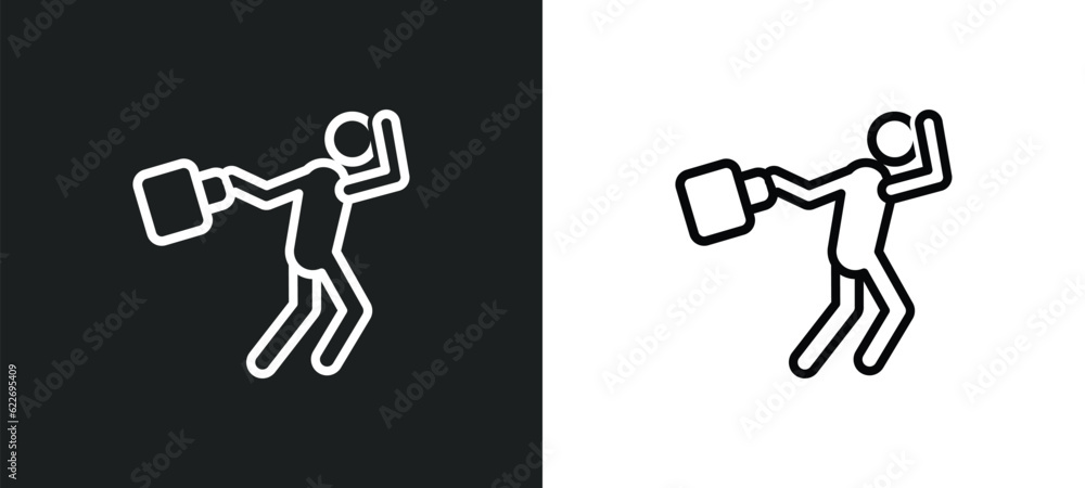 Poster man walking through the wind outline icon in white and black colors. man walking through the wind fl