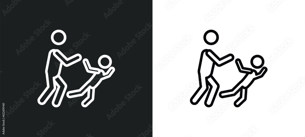 Poster man pushing child outline icon in white and black colors. man pushing child flat vector icon from pe