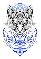 Halloween Katze mit Tribal Tattoo Ornament. Vektor für Katzenfreunde, Katzenliebhaber, Katzenbesitzer und Tierfreunde.