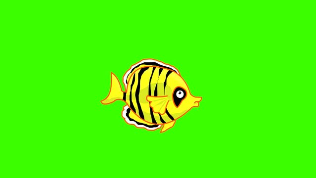 Animation of a yellow fish swimming with green background, ocean.