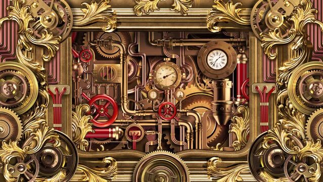 Steampunk Mechanism In Ornamental Decoration With Various Details, Gauges And Faucets. Animation On The Theme Of Engineering, Fantasy And Industry.