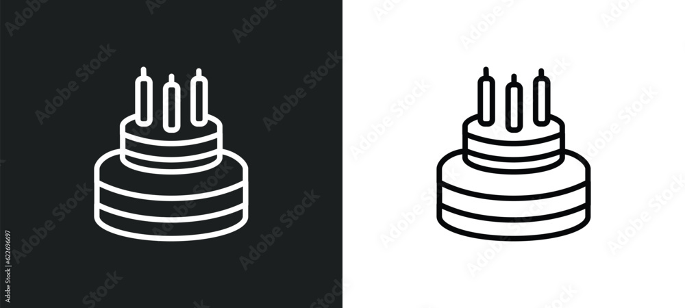 Poster cake with three candles outline icon in white and black colors. cake with three candles flat vector 