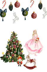 Set of elements for Christmas. Tree toys, girl, nutcracker, new year tree .Watercolor hand drawn illustration. Winter holiday.