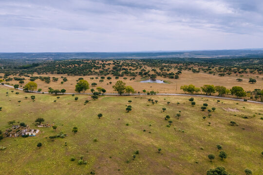 Aerial view of the countryside along the Spanish and Portuguese border, Zebreira, Castel Branco, Portugal.