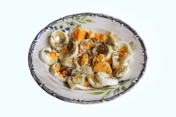 Spicy poached chicken eggs. Breakfast.