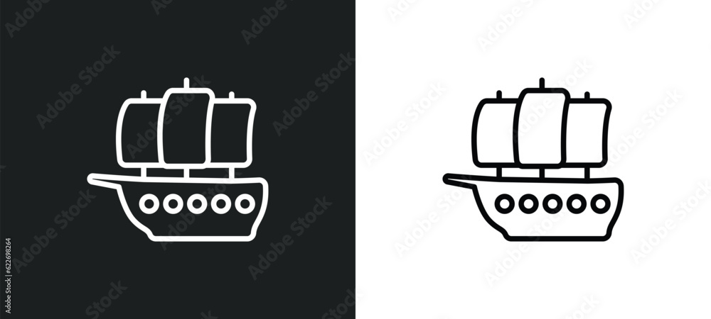 Poster caravel outline icon in white and black colors. caravel flat vector icon from nautical collection fo