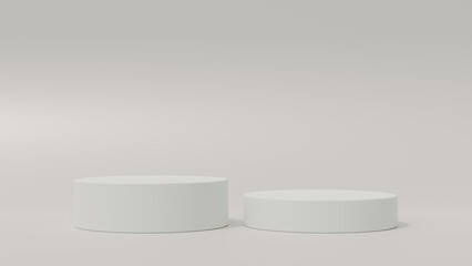 Empty podium or pedestal display on soft background with cylinder stand concept. Blank product shelf standing backdrop. 3D rendering.