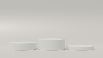 Empty podium or pedestal display on soft background with cylinder stand concept. Blank product shelf standing backdrop. 3D rendering.