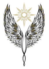 Engel Flügel Angel Wings. Engelsflügel mit Sonne im Fineline Tattoo Style. Vektor Design für Weihnachten mit Gold. - 622698416
