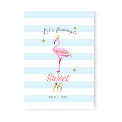 Sweet sixteen party invitation card with a flamingo, glitters and stars. Template design