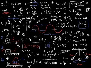 formulas on chalkboard Hand drawn science formulas on chalkboard for background.