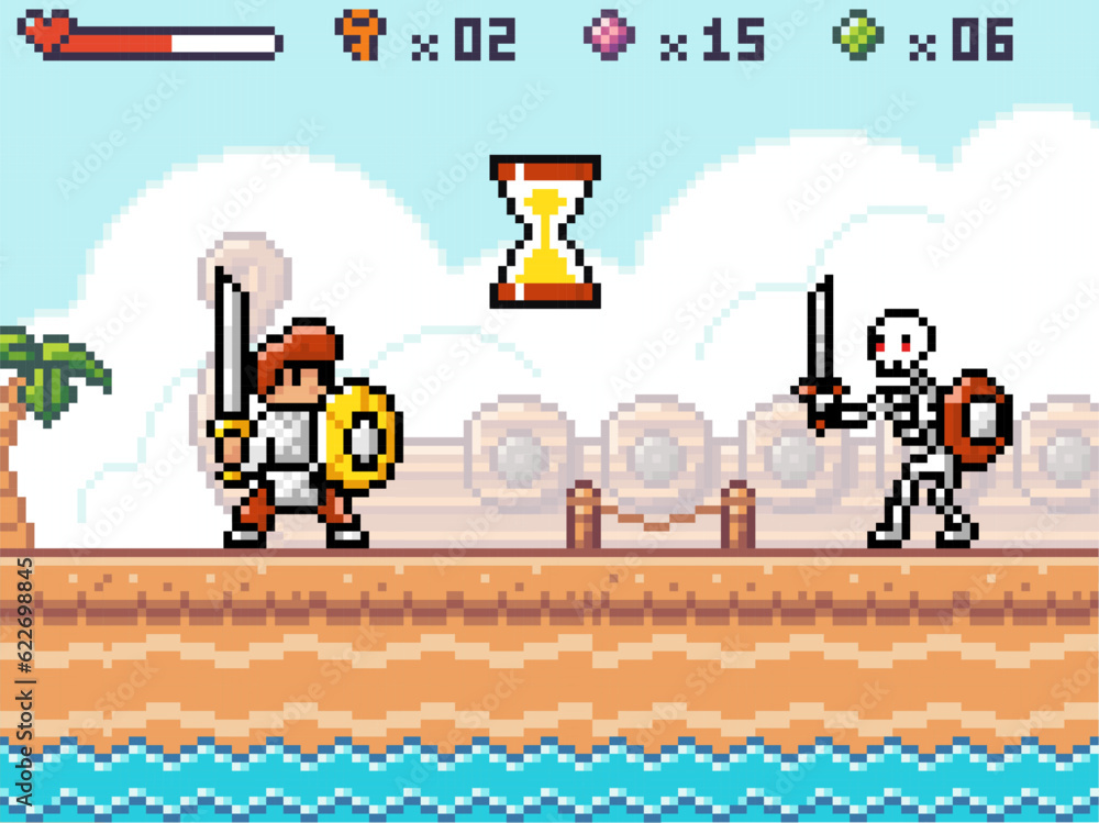 Poster pixel game interface. 80s graphic. hero or personage, character of mobile 8 bit game, videogame. pix