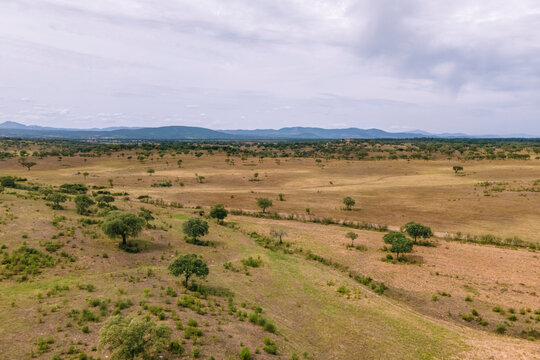 Aerial view of the countryside along the Spanish and Portuguese border, Zebreira, Castel Branco, Portugal.