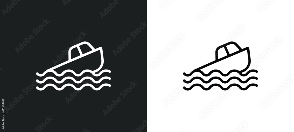 Poster capsizing outline icon in white and black colors. capsizing flat vector icon from nautical collectio