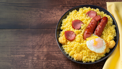 couscous with scrambled eggs and pepperoni sausage on dark wood and fabric ( cuzcuz )