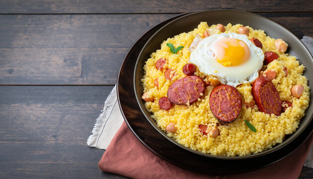 couscous with scrambled eggs and pepperoni sausage on dark wood and fabric ( cuzcuz )