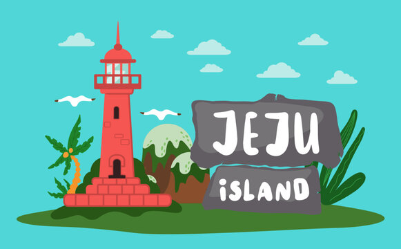 Banner with image of the main attractions of the south korean island Jeju and the inscription. Mountaines, waterfalls, red lighthouse, tropical plants in botanical garden, volcano peaks with grass