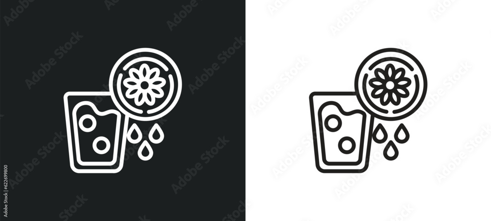Poster lemon and juice drop out outline icon in white and black colors. lemon and juice drop out flat vecto