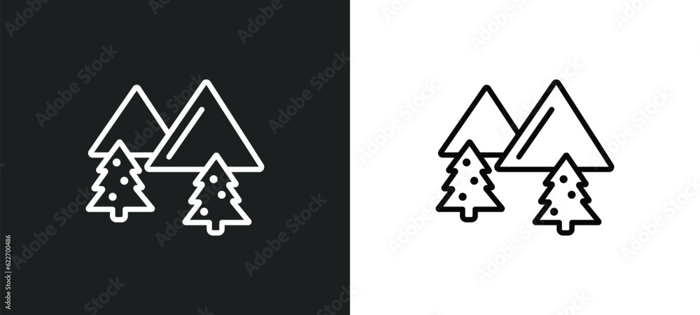 Poster mountains with trees outline icon in white and black colors. mountains with trees flat vector icon f