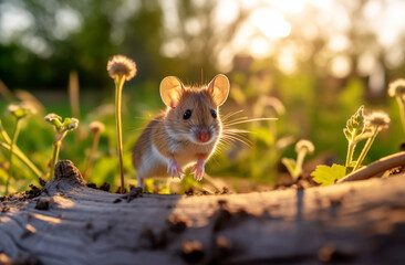 A wild wood mouse rests on the forest floor with lush green vegetation.