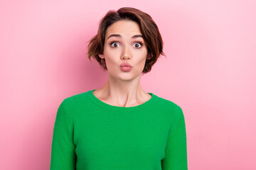 Photo of funny young woman wear trendy jumper pouted lips flirt coquette girlfriend send kiss...
