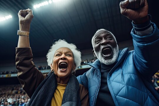 Happy Senior couple black etired ,Cheer on your favorite foottball team, football fans, at the football stadium. created with generative ai.