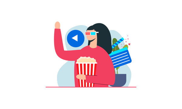 Computer screen with movie lover with popcorn illustration