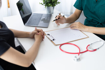 Doctor are giving advice on treatment to patients in hospital examination rooms, treating medicine diseases from specialists. Concepts of medical treatment and health consultation.