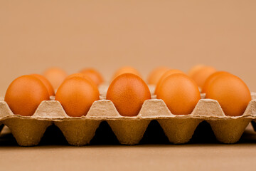 Fresh chicken eggs, chicken eggs in egg stalls High protein breakfast, orange eggs, healthy food...