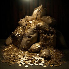 A bag of gold coins. Great for stories about adventure, treasure, pirates, fantasy, wealth, business and more.  - obrazy, fototapety, plakaty