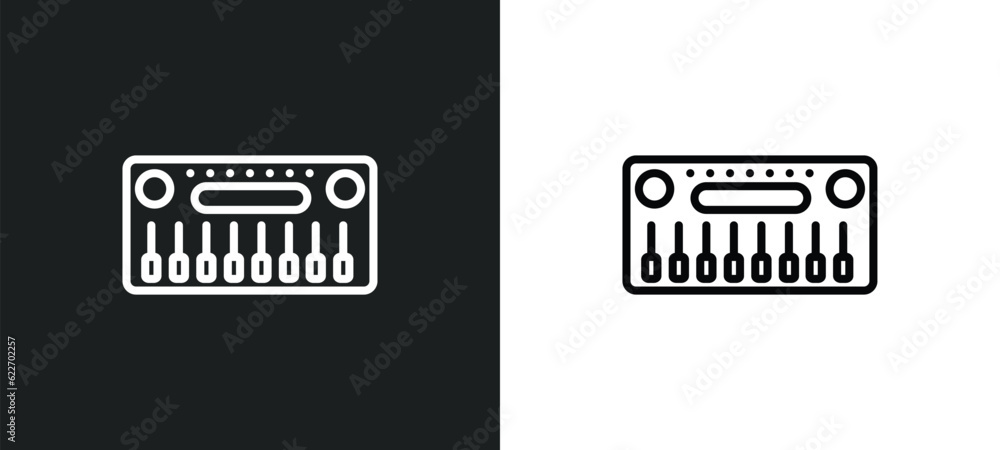 Poster synthesizer outline icon in white and black colors. synthesizer flat vector icon from music collecti