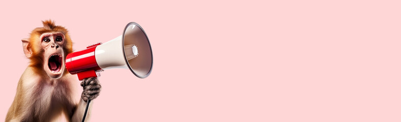 Fototapeta premium Monkey with a megaphone on a pink background.