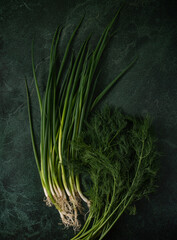 Green onions and dill on the dark green background top view - 622702479