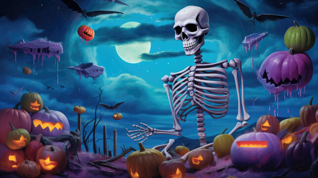 Amidst a graffiti-filled night sky, the Halloween spirit comes alive with a skeleton, carved pumpkin, and full moon, painted in shades of light sky-blue and dark blue