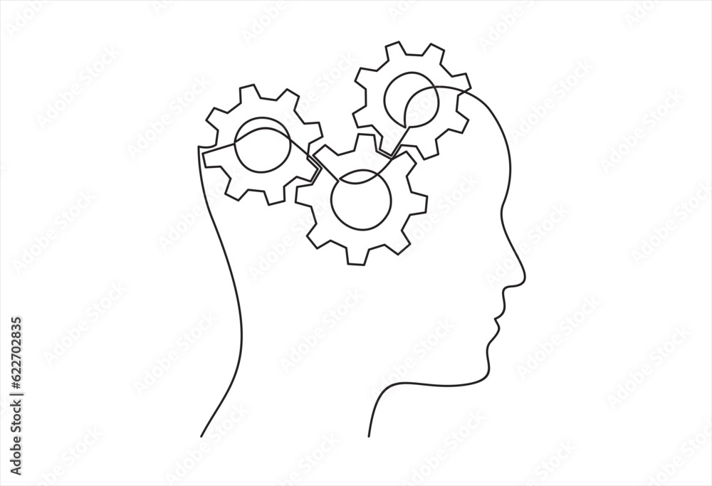 Aufkleber head of a man with gears inside, drawn in one line on a white background. one-line drawing. continuo
