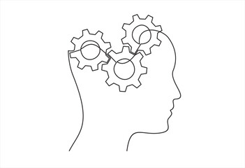 Head of a man with gears inside, drawn in one line on a white background. One-line drawing. Continuous line. Vector
