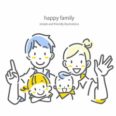 笑顔の4人家族　シンプルで抜け感のあるお洒落な線画イラスト