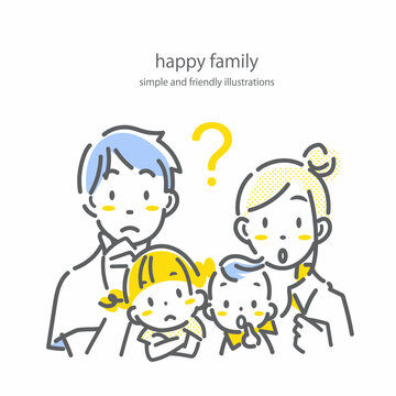 考える4人家族　シンプルで抜け感のあるお洒落な線画イラスト