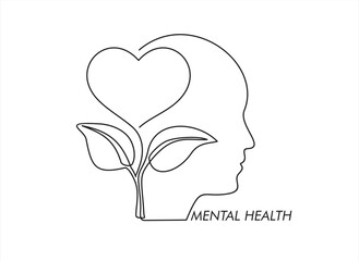 One continuous single line of human head with heart shape flower inside. Mental health concept vector illustration. Psychological therapy and treatment. World mental health day.